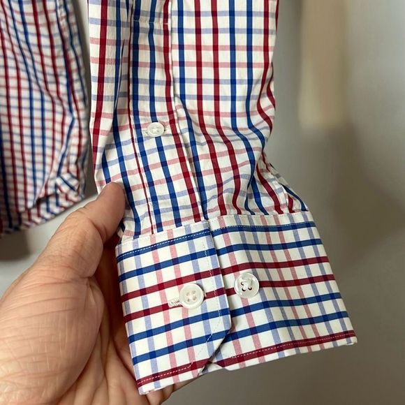 BONOBOS Men’s Slim Fit Dress Shirt 16 |35 Plaid Red Blue White Jetsetter Stretch - Picture 4 of 9